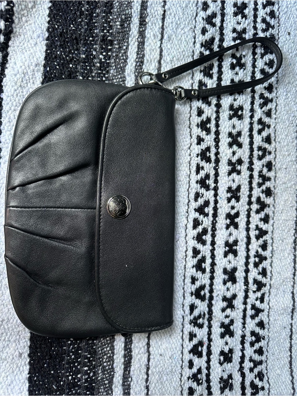 Coach Black Leather Wristlet Clutch with Pleated Detail